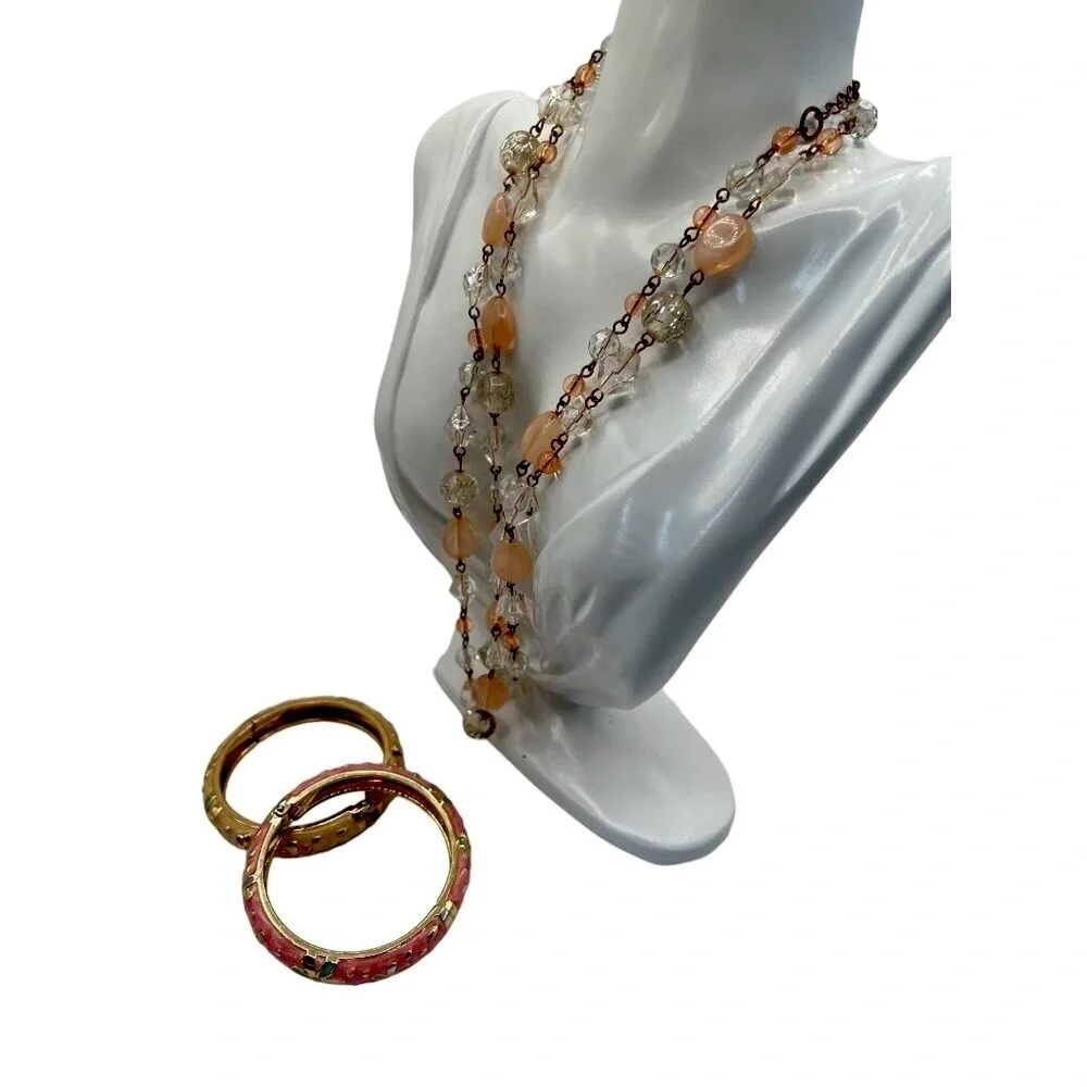 Vintage Beaded Necklace & Floral Enamel Bangle Set Crystal Pink Peach Cream N60 - Picture 4 of 7